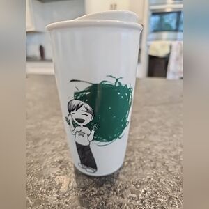 Starbucks Dot Collection Green Finger Paint Boy Ceramic 12 oz Tumbler w/Lid 2015